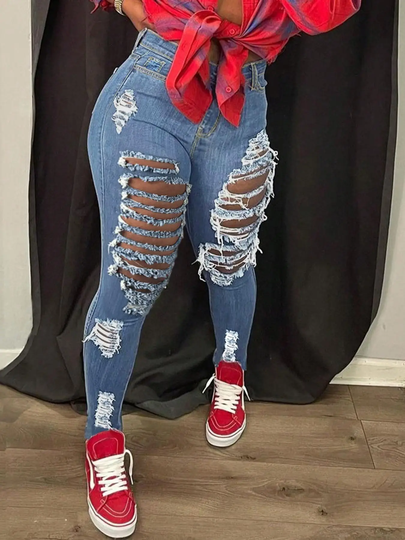Women's Plain Ripped High Waist Skinny Stretchy Jeans, Fashion Casual Denim Pants for Daily Outdoor Wear, Ladies Bottoms for All Seasons