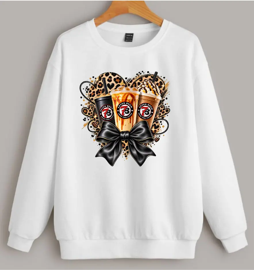 7 Brew Coffee Lover Sweatshirt, Leopard Print Bow Graphic Crewneck, Cute Iced Coffee Pullover, Coffee Girl Gift for Women