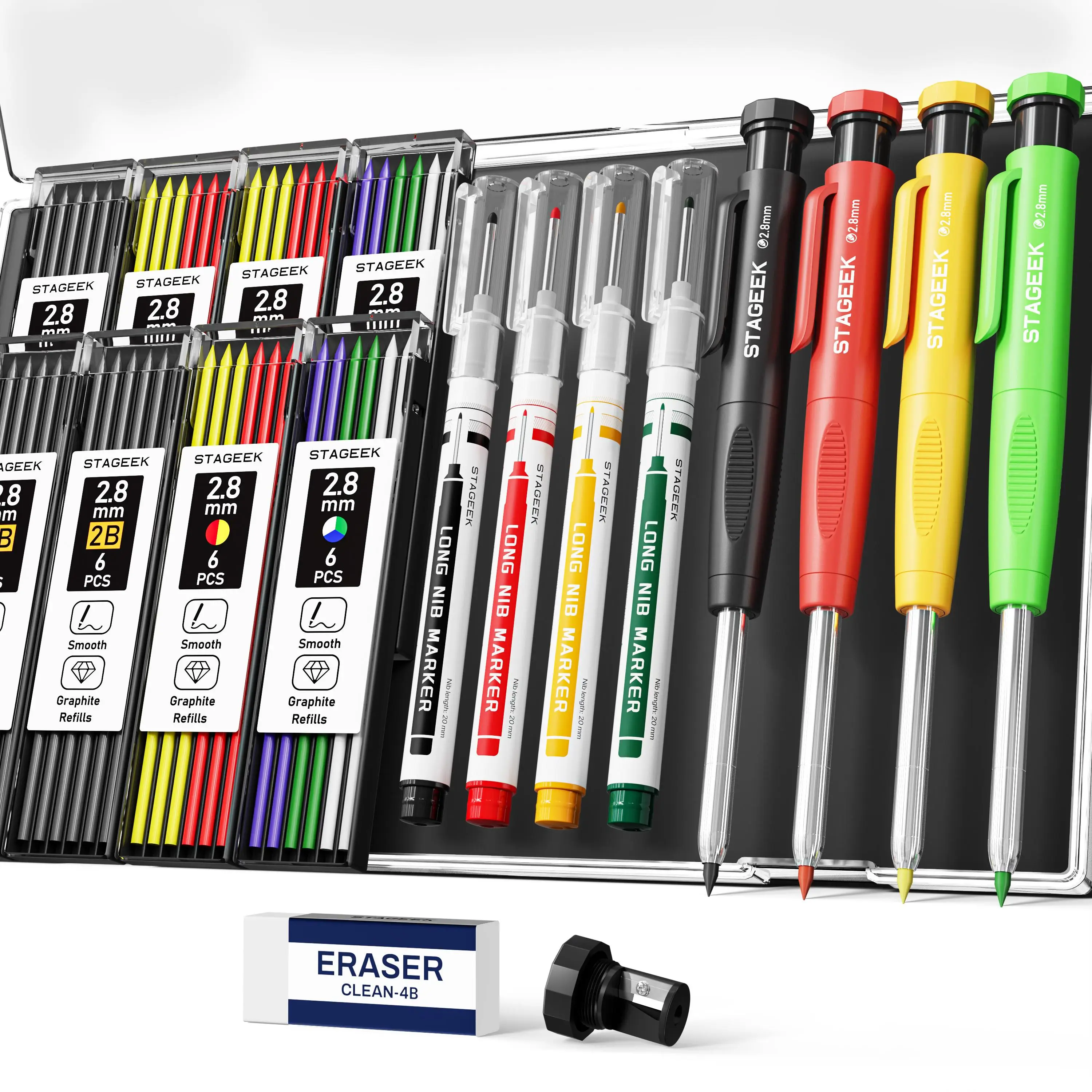 STAGEEK 4PCS Carpenter Pencils with Sharpener, Heavy Duty Woodworking Pencils, Mechanical Carpenter Pencil with 52 Refills, Deep Hole Long Nib Marker