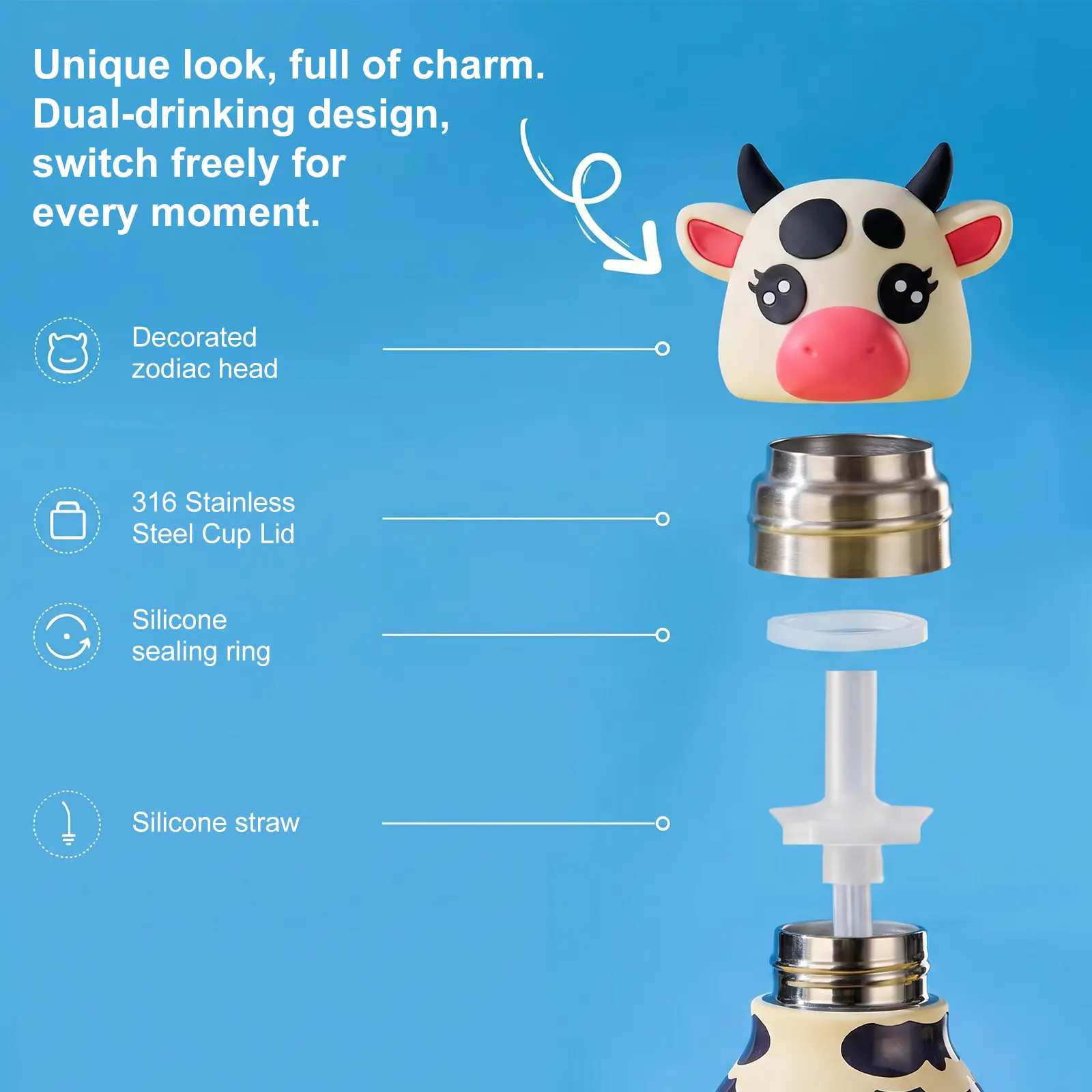 UFORU Kids Insulated Portable Tumbler with Straw & Lid, Leakproof 316 Stainless Steel Vacuum Flask, Cute Designs (Cow, Unicorn, Chick Cup, Parrot, Owl, Giraffe) for School & Travel, Back to School, Flasks, Drink