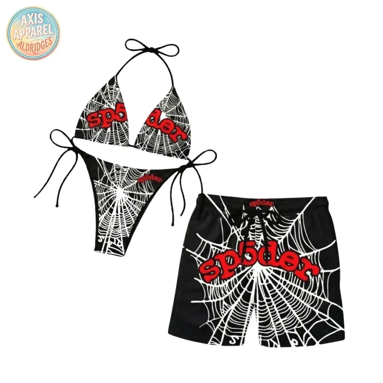 Spider Web Black Red Matching Couple Bikini Set and Men's Swim Trunks Swimwear, Women String Halter Top Side Tie Bottom, Quick Dry Board Shorts, Full Print Beach Swimsuit, Summer Pool Party Outfit, Gift for Him Her