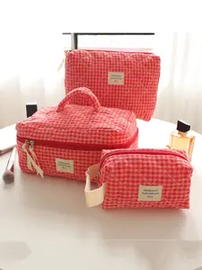 Set of Three Large Capacity Portable Makeup Bags, Women/girls Skincare Washroom Storage Bag, Multifunctional Cute Wallet Style Plaid Bag, Makeup Container Set, Travel Cosmetic Bag, Makeup Organizer Pouch, Travel Essentials