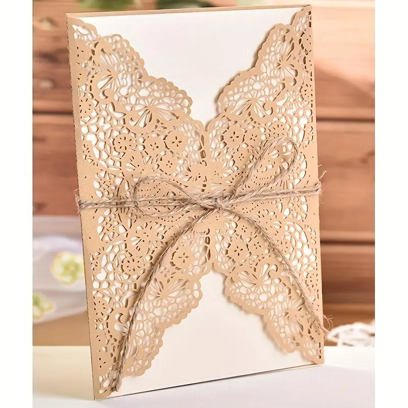 10pcs Wedding invitation invitations, kraft paper rice Golden laser hollow greeting cards, lace invitations, printable cards