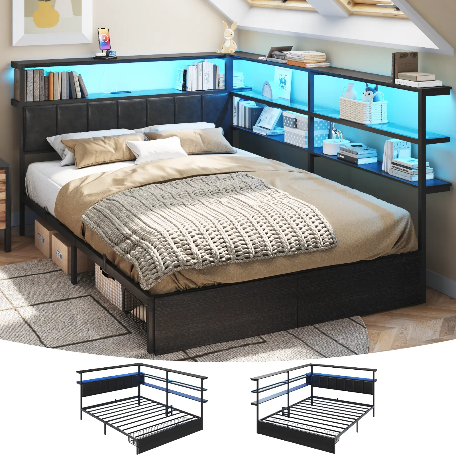 Metal Platform Bed Frame with LED Lights & L‑Shaped Bookshelf Headboard, Large Storage Space Bed with Open Bookcase Shelves, No Box Spring Needed, Noise‑Free Steel Slat Support Bed for Bedroom