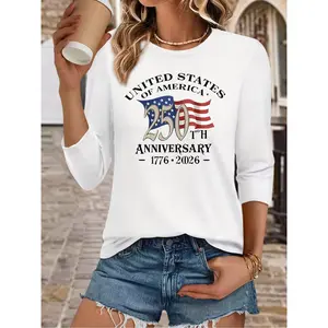 Women's long-sleeve round-neck T-shirt, "250th Anniversary of American Independence 1776-2026" patriotic pattern print top, soft and breathable fabric, casual loose fit, showcases American pride, ideal for the 4th of July and celebrations