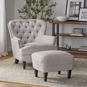 Contemporary Light Grey Fabric Club Chair and Ottoman Set, Stylish Upholstered Armchair with Matching Ottoman, Ideal for Modern Living Room Comfort and Style -59289.00
