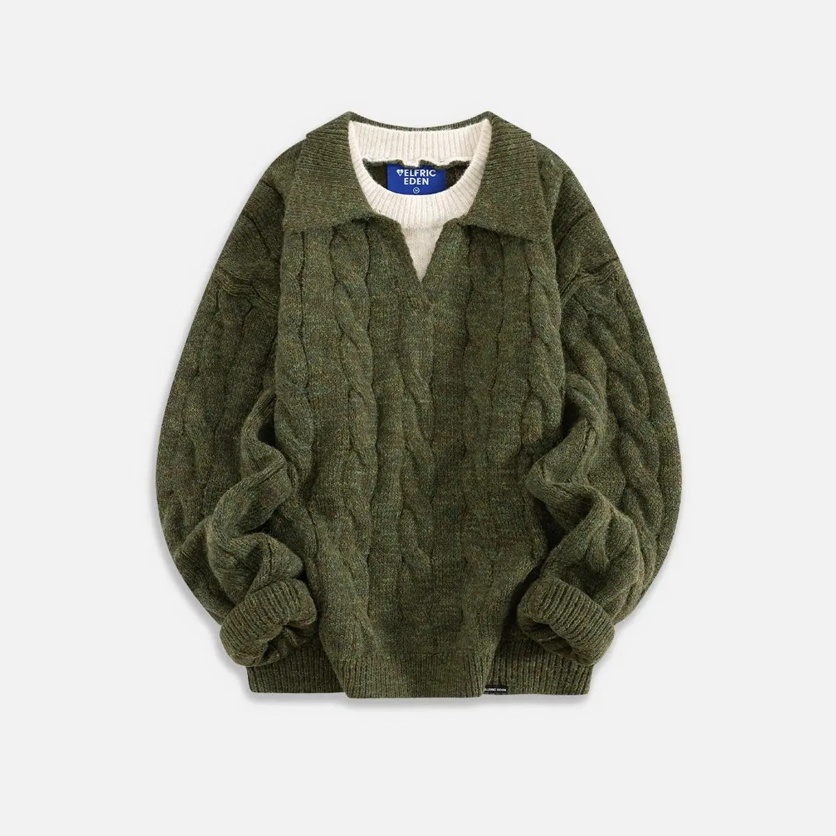 Aelfric Eden Fake Two-Piece Cable Knit Polo Sweater Oversized Dropped Shoulder Fit Fake Two-Piece Design Polo V-Neck Cut Soft Knit Fabric Retro Preppy Streetwear Unisex Top,clothes for back to school,first day of school outfits