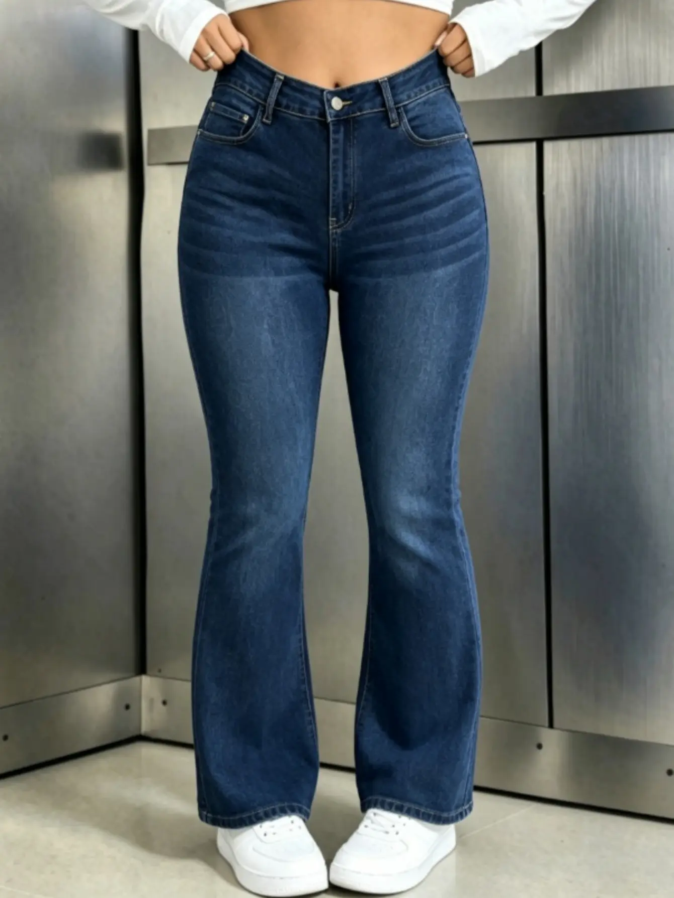 High Rise Flare Leg Baggy Jeans High-Stretchy Loose Fit Denim Pants for Women Distressed womenswear. WH48 Lady Basic Minimalist Comfortable Denim Tummy Control Curve hugging Plus Size Regular Size Spring Fashion Daily Outfits.