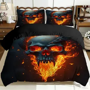2/3 Pcs Comfortable Dragon Fire Skull Decorative Duvet Cover Set, Soft And Breathable, 100% Polyester Fiber High-Definition Digital Printing Design, All-Season Home Gift, Machine Washable (1 Duvet Cover +1/2 Pillowcase, No Filling)