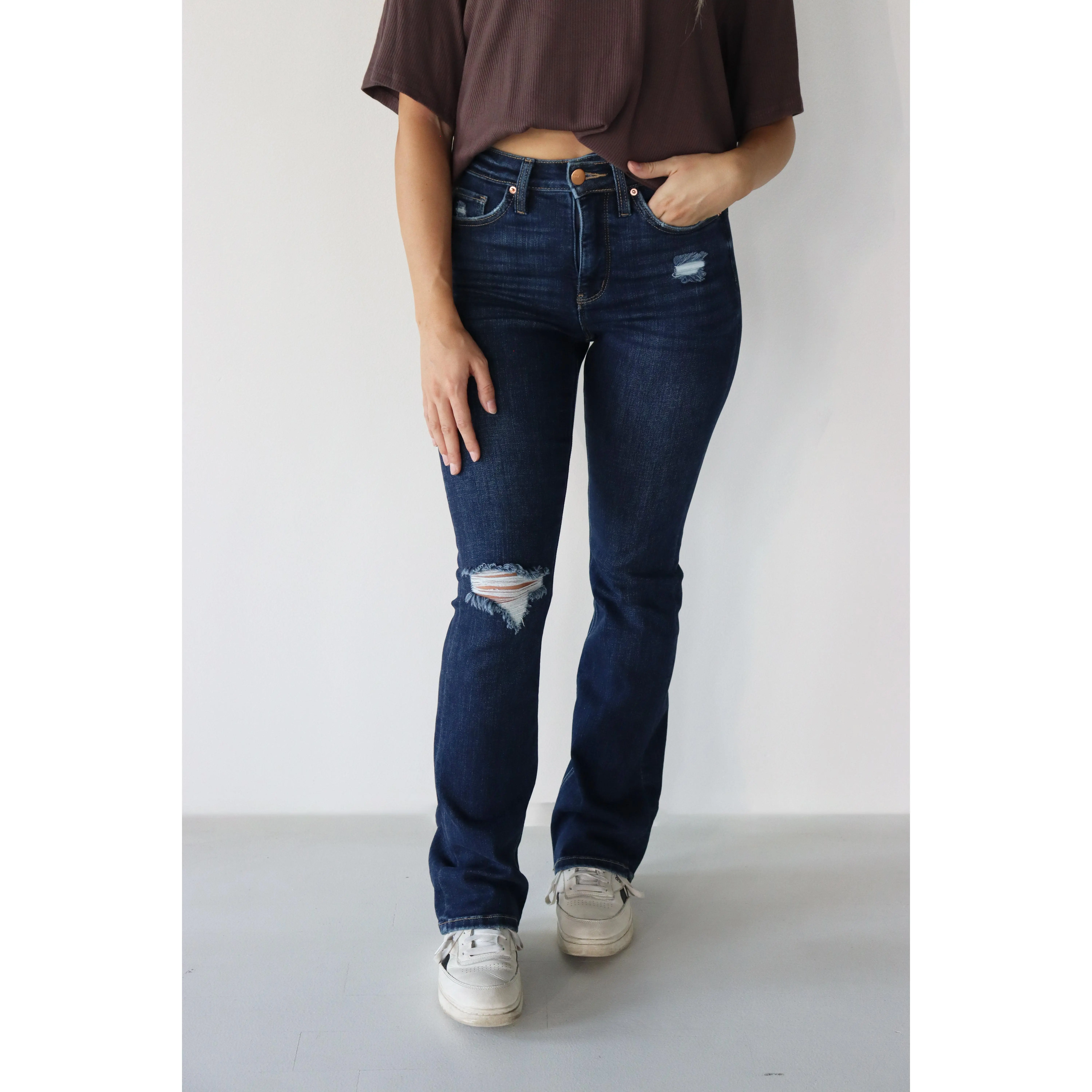 Tummy Control Bootcut Jeans - Dark Distressed