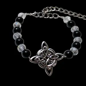 Brazalete with Celtic Simbol Witch Knot and Obsidian Stones - Black Beads & Silver Chain Bracelet
