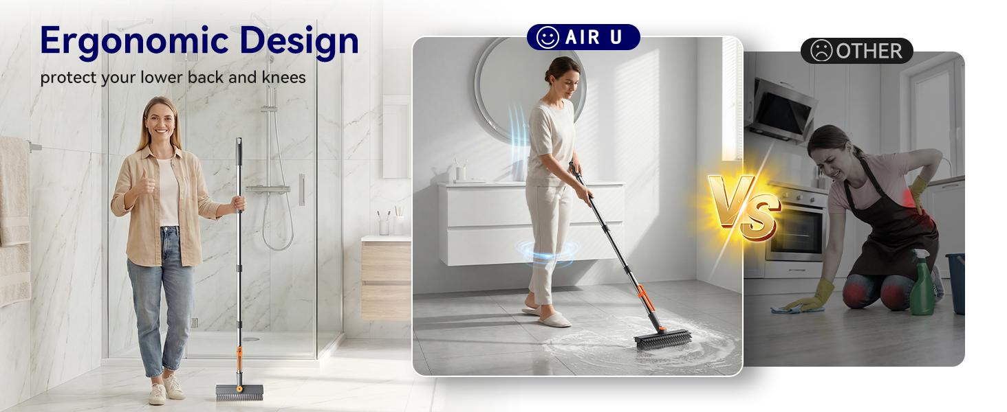 AIR U 3-in-1 Floor Scrub Bathtub Brush with Long Handle, Double-Sided, Heavy-Duty Stiff Bristles & Squeegee – Scrape & Scrub for Shower, Bathroom, Patio, Garage, Kitchen, Wall & Deck – Home Cleaning Essentials