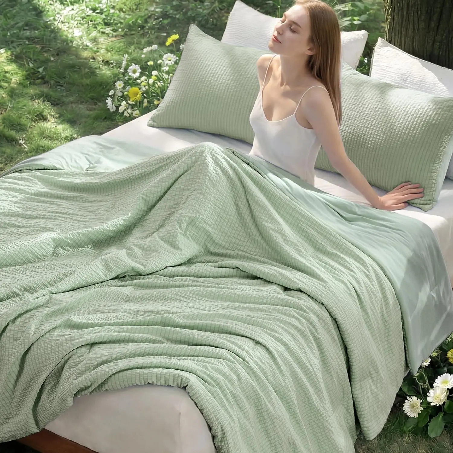 【Summer Sale Deals】Bedsure SleepEase Cooling Comforter  for Summer, 3 Pieces  Seersucker  Comforters for Hot Sleepers, Double-Sided Cool Bedding Set with 1 Breathable Comforter, 2 Pillowcases