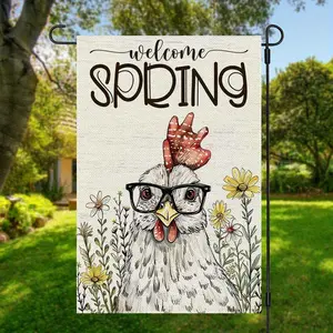1pc Welcome Spring Chicken Garden Flag 12x18 Inch, Double Sided 2D Flat Design with Glasses & Flowers, Durable Polyester Yard Banner for Outdoor Porch Lawn Decor, Cute Farmhouse Hen for Easter Holiday Gift