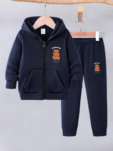 Boys' Fall Winter Zipper Hoodie Set, Casual Long Sleeve Sweatshirt & Warm Pants, Cartoon Print, Outdoor Sports & Leisure