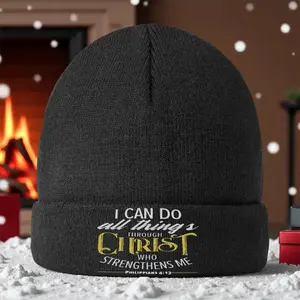 1 Inspirational Christian Beanie - "I can do all things through Christ who strengthens me" Philippians 4:13 - Black knit winter hat with gold lettering, perfect for travel and holiday gifts, holiday gifts |   Christmas hats, faith hats#SandwichBrimBasebal