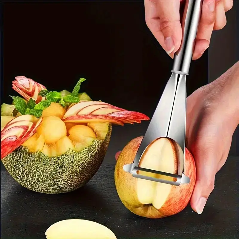 Fruit Push & Slice Cutter, Multifunctional Stainless Steel Fruit Slicer for Watermelon Mango Apple, Easy Push Fruit Dicer, Safe Kitchen Gadget for Quick Fruit Prep