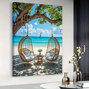 1 piece of beach scenery oil painting - solid wood framed wall decor, coastal scene with dunes and seaside villa, square decorative painting with edged canvas, suitable for living room, bedroom, office - serene landscape painting for modern or traditional