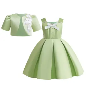 [2-10 Years] Kid Baby Girls Princess Dress Set Sleeveless Straps Puffy Dress With Coat 2Pcs For Party Performance Green ZT-T001 Toddler Outfit