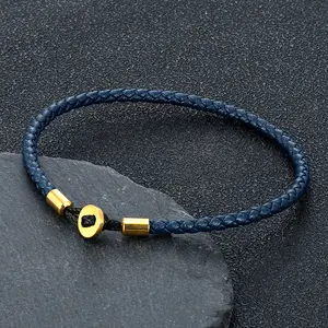 Gold Color Stainless Steel Button Braided Leather Bracelet For Men Women Fashion Couple Jewelry Gifts
