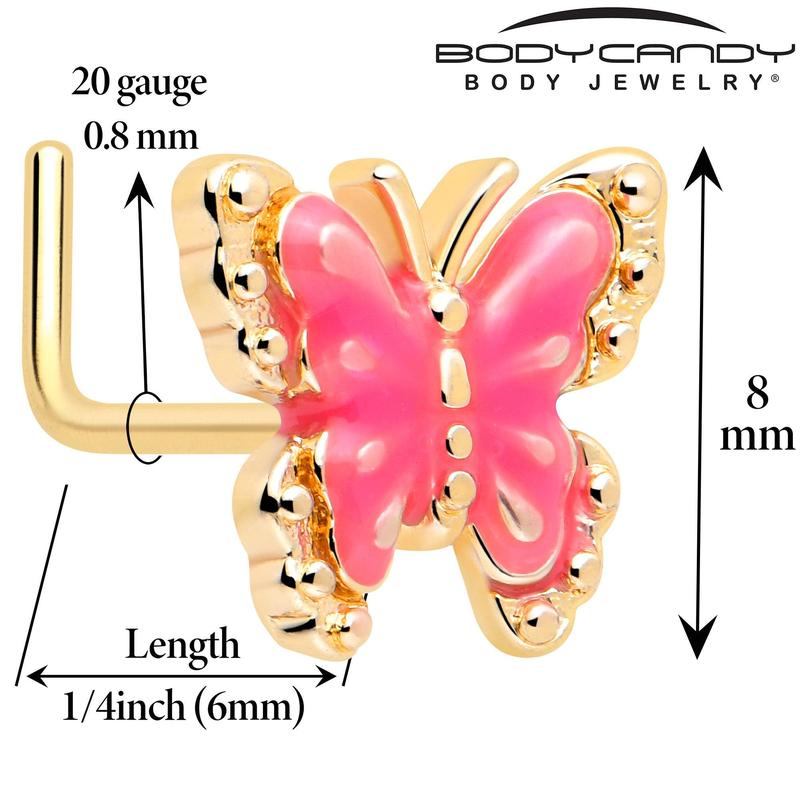 20G 7mm Gold Tone Butterfly Pink Splash L Shape Nose Ring