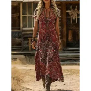 Spring and summer vintage Bohemian print dress with V-neck short sleeved design, perfect for women's fashion and casual wear in a retro styleRAIMENTRY