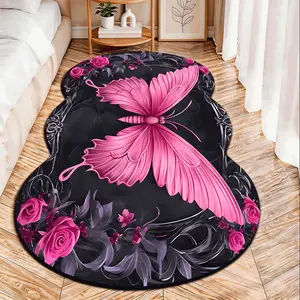 Dark Butterfly Rose Style 2D Flat Velvet Irregular Carpet, Non-Slip Design, Bedroom Room Decor, All Seasons