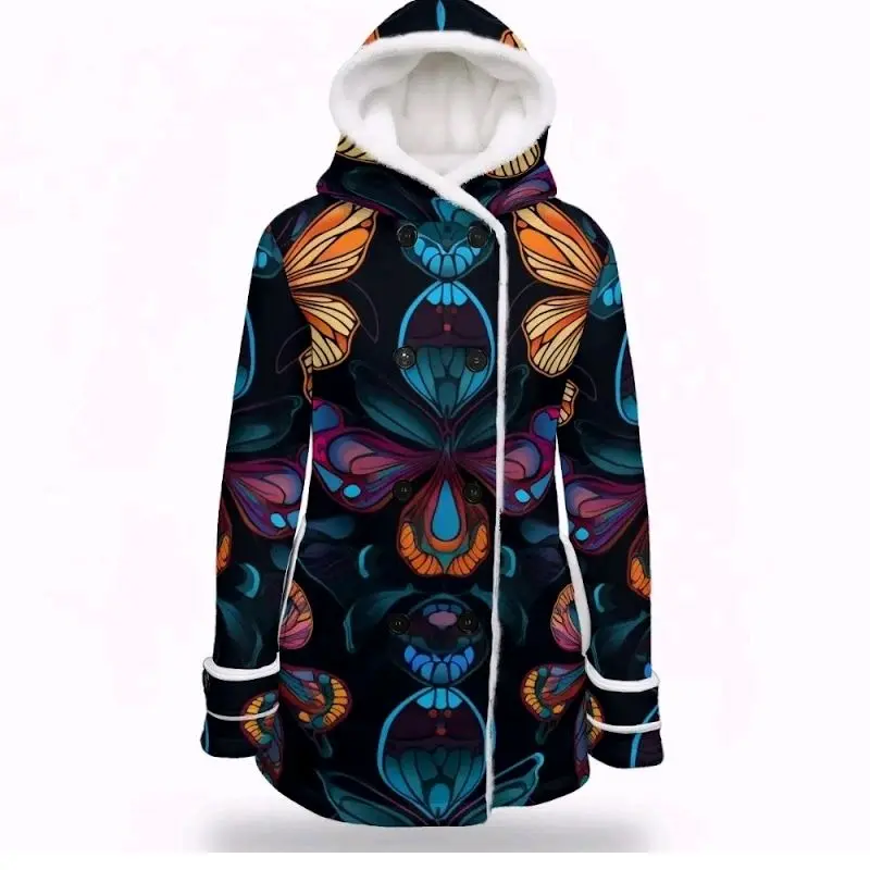 The Neon Butterfly Coat Shearling Lined Wearable Art Peacoat with Vibrant Butterfly Print and Soft Shearling Lining