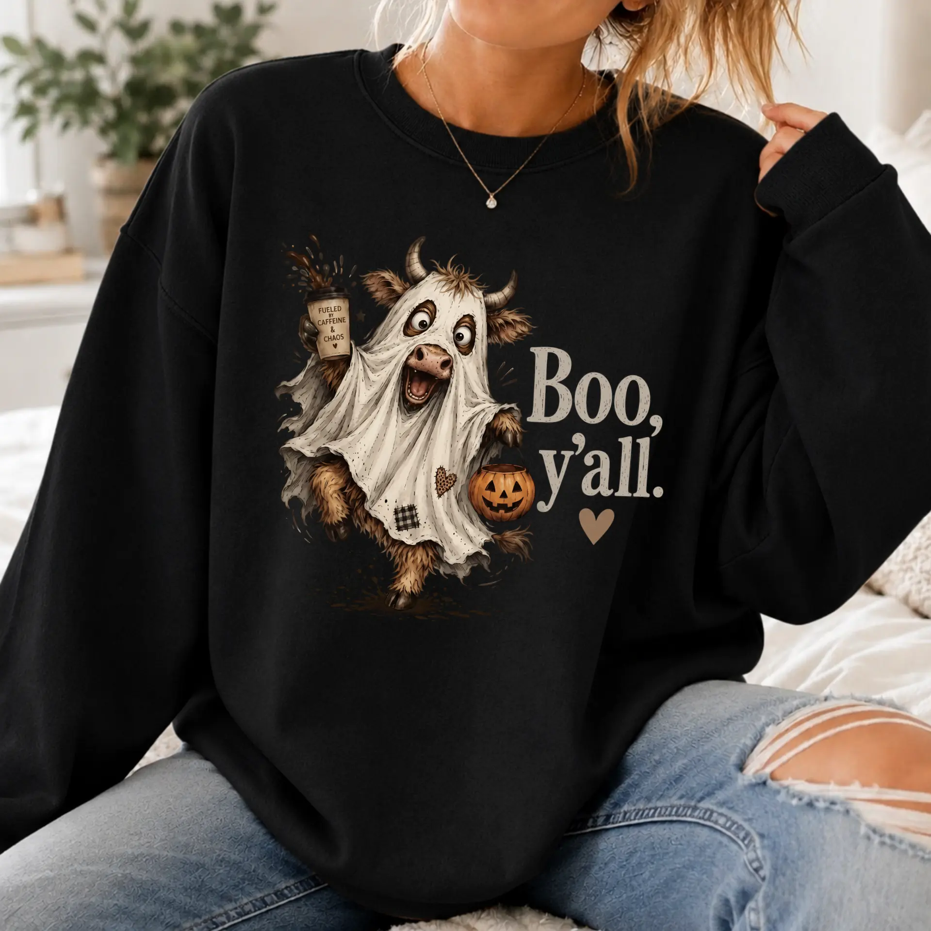 Highland Cow Ghost Halloween Sweatshirt, Southern Coffee Lover Fall  and Cute Spooky Cow Graphic pullover, Cozy Autumn Apparel, Pumpkin Season Top | GHINI