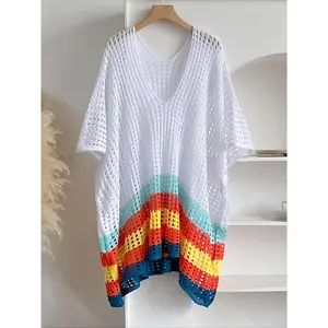 Women's Rainbow Stripe Crochet Cape Shawl – Open Front V-Neck Oversized Knit Cover-Up for Daily Wear