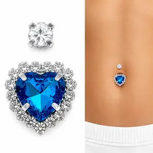 Gladeex Non Pierced Belly Ring for Women Stick On Fake Belly Button Jewelry Rhinestone Heart Navel Ring Stainless Steel Adhesive Body Jewelry