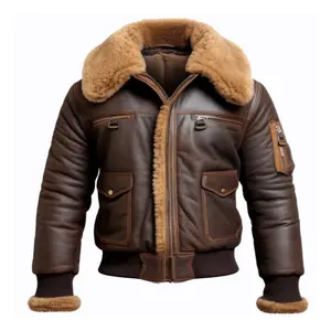 Men's Brown Aviator Lapel Casual Bomber Leather Jacket