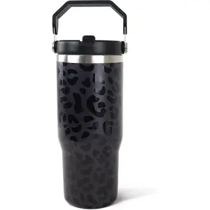 30oz Black Leopard Print Stainless Steel Vacuum Insulated Flask with Handle, Straw, Lid, Portable Water Bottle, Ideal for Coffee, Birthday Gifts for Women, Kitchenware Travel Drinkware Accessory,summervibes