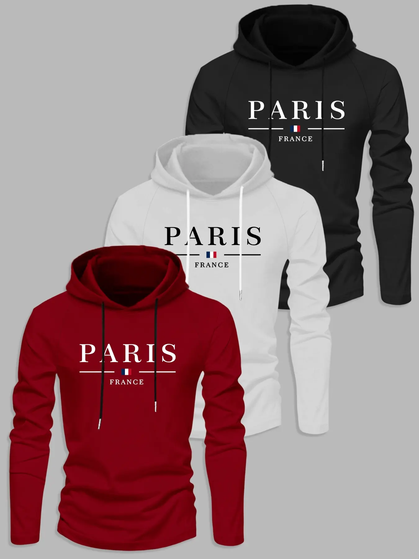 Men's 3-Piece Letter Graphic Print Hooded Fitted Long Sleeve T-Shirt Pullover Set, Hooded Pullover Tops, Casual Outdoor Fall Winter Wear, 3-Pack, Hoodie Clothing Tops
