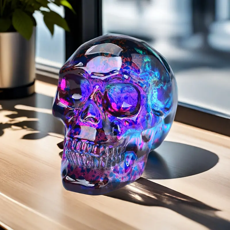 Large Glass Skull Figurine - Americana Style Collectible Crystal Statue, No-Electricity Home Decor Decoration Items for Living Room & Bedroom