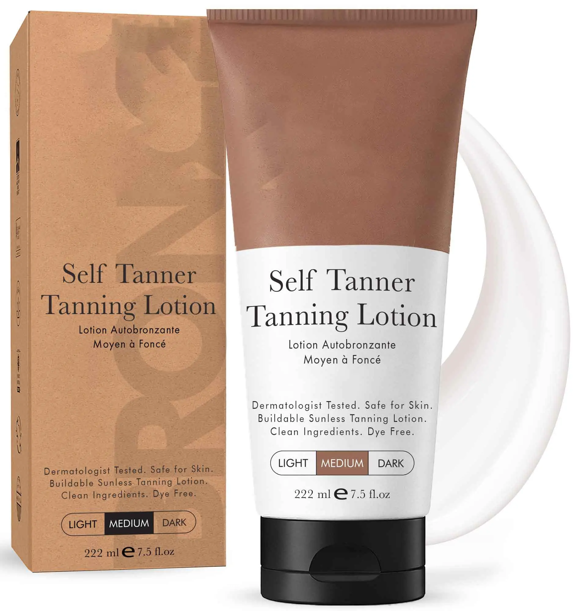 Self Tanning Lotion - 222 ml Dermatologist-Tested Sunless Tanning Lotion, Skin-Safe, Buildable, Clean Ingredients, Dye-Free, Light/Medium/Dark Shades