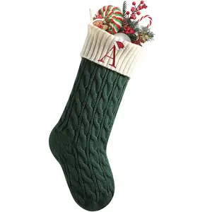Christmas Stockings with Initials,Green Knitted Xmas Stocking,18'' Large Embroidered Monogram Christmas Stocking for Kids Family,Xmas Stocking Fireplace Holiday Party Decoration