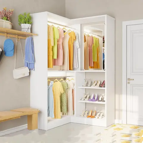 Freestanding Versatile Wooden Wardrobe Closet - 36x36 Footprint Fits Tight Corners, Closet Cabinet Organizer Storage, Modern Armoire with 2 Hanging Rods, 6-Level Adjustable Shelves, Heavy-Duty Load, Small Room Solution