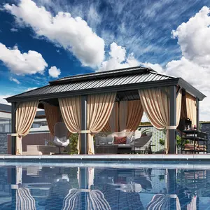 HOTEEL 12‘x20' Hardtop Heavy-Duty Gazebo with Galvanized Steel Double Roof, Hot Tub Gazebo with Fire-Resistant Curtains and Mesh Screen, Aluminum Frame Outdoor Canopy for Patios and Parties