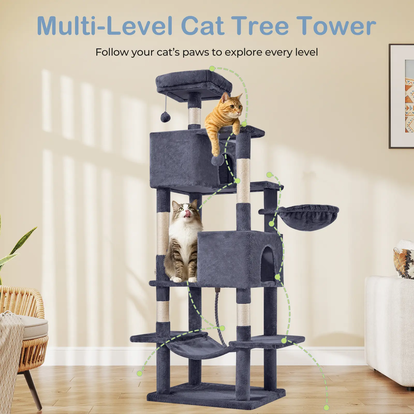 66 Inch Large Multi-Level Cat Tree Tower for Indoor Cats, Multi-Cat Climbing Activity Center with Extended Platforms, Plush Hammocks, Spacious Condos, Scratching Posts & Hanging Toys, Sturdy Cat Furniture for Kittens & Adult Cats, Dark Gray