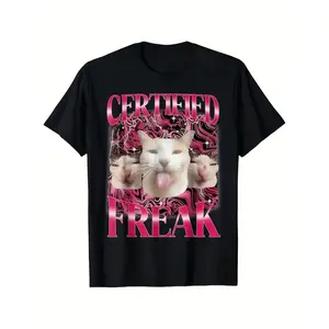 Humorous Certified Freak Cat Meme T shirt with Pink Text and Floral Accents for Men and Teens Classic Short Sleeve Black Tee for Casual Party and Daily Wear
