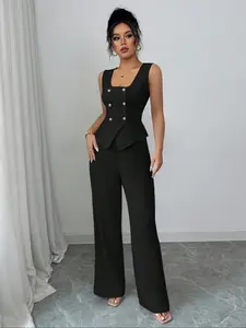 Women's Elegant Fitted Woven Sleeveless Blazer & Pants Set, Business Casual Summer, Spring, Perfect for Office & Daily Wear