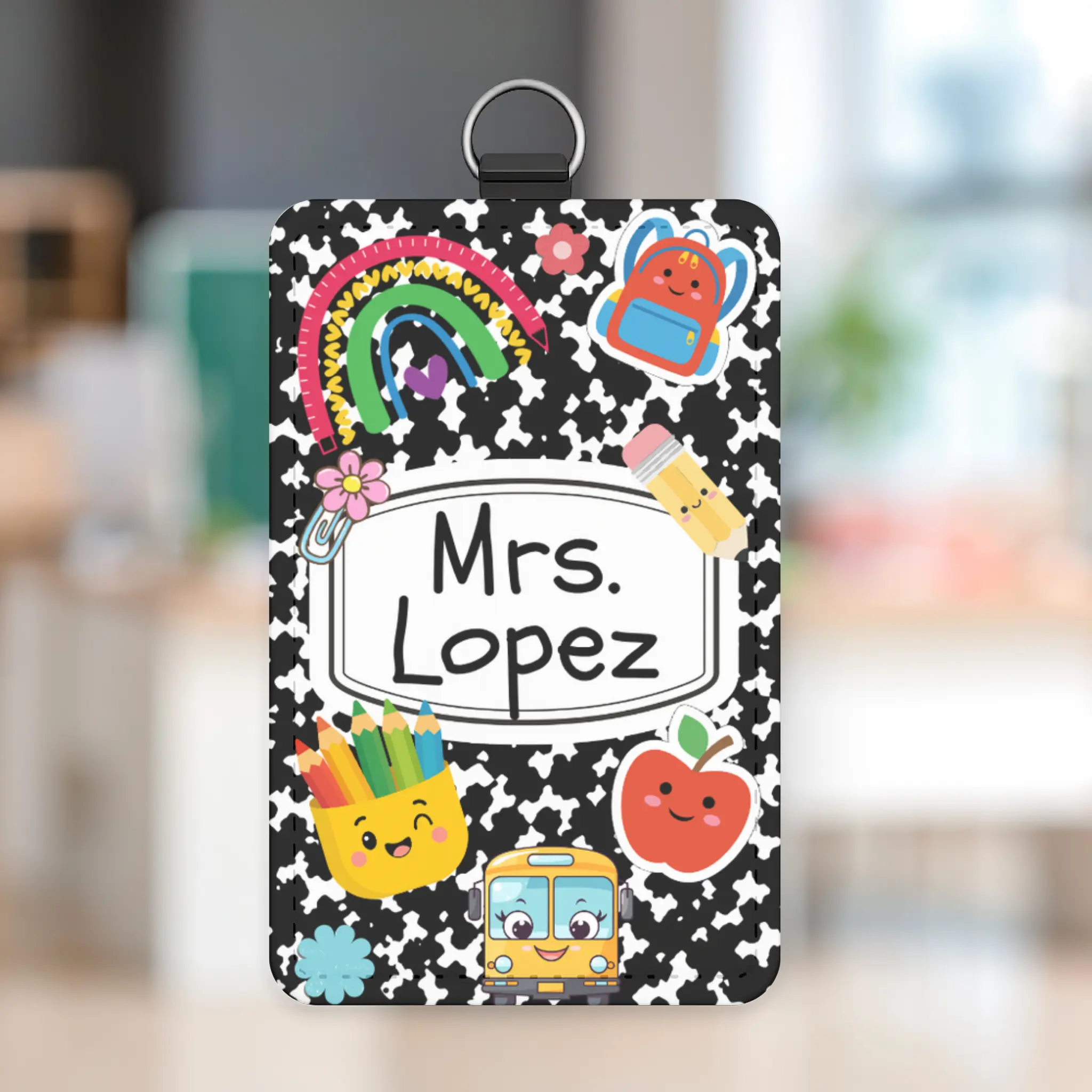 Personalized PU Leather Vertical ID Card Holder, Custom Name Badge with Cute Composition Notebook Design, Back to School Office Stationery Gift, Vertical Shape