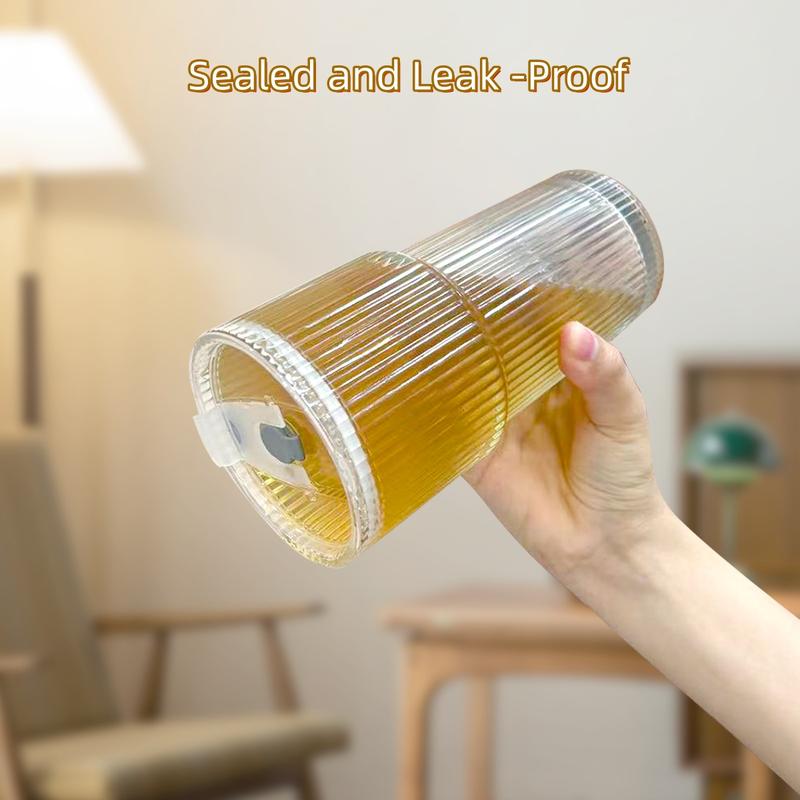 2Sets Glass Tumblers with Lids & Straws, Portable Glass Coffee Cups, Ribbed Glass Cup for Iced Coffee, Cocktail, Juice Classic Drinkware