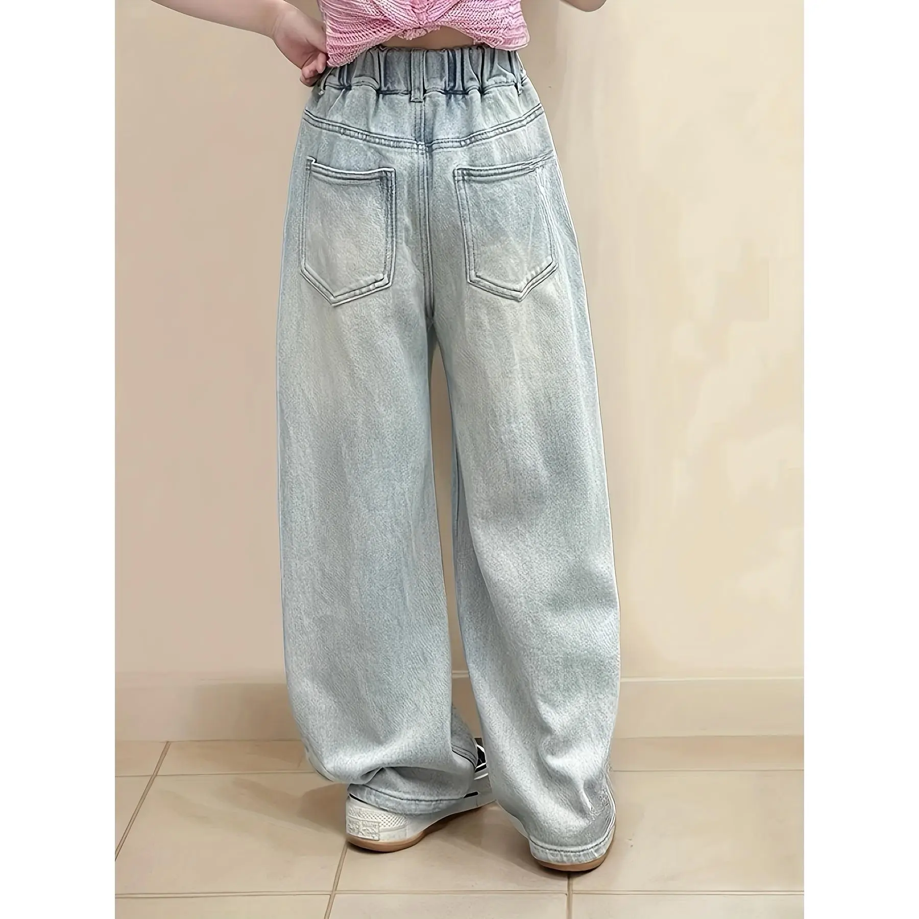 Girls' Fashion Embroidered High-waisted Vintage-style Wide-leg Jeans, Loose-fit with Multiple Pockets, Suitable as a K-pop Gift for Kids, Girls'/teen Girls' Clothing