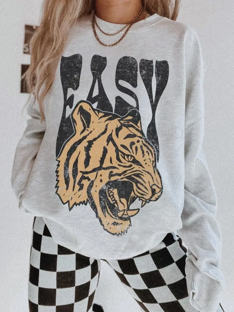 Vintage 90s Easy Tiger Sweatshrit Tiger Crewneck Thrift Nostalgia Old School Hoodie Festival Shirt Boho Hippie Sweater Aesthetic Streetwear