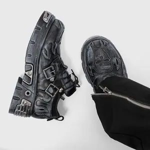 Men’s Black & Silver Flame‑Embroidered Platform Lace‑Up Shoes. Vintage‑finished silver toe and flame design add punk vibe. Gear‑style sole delivers bold presence with leg‑lengthening effect.