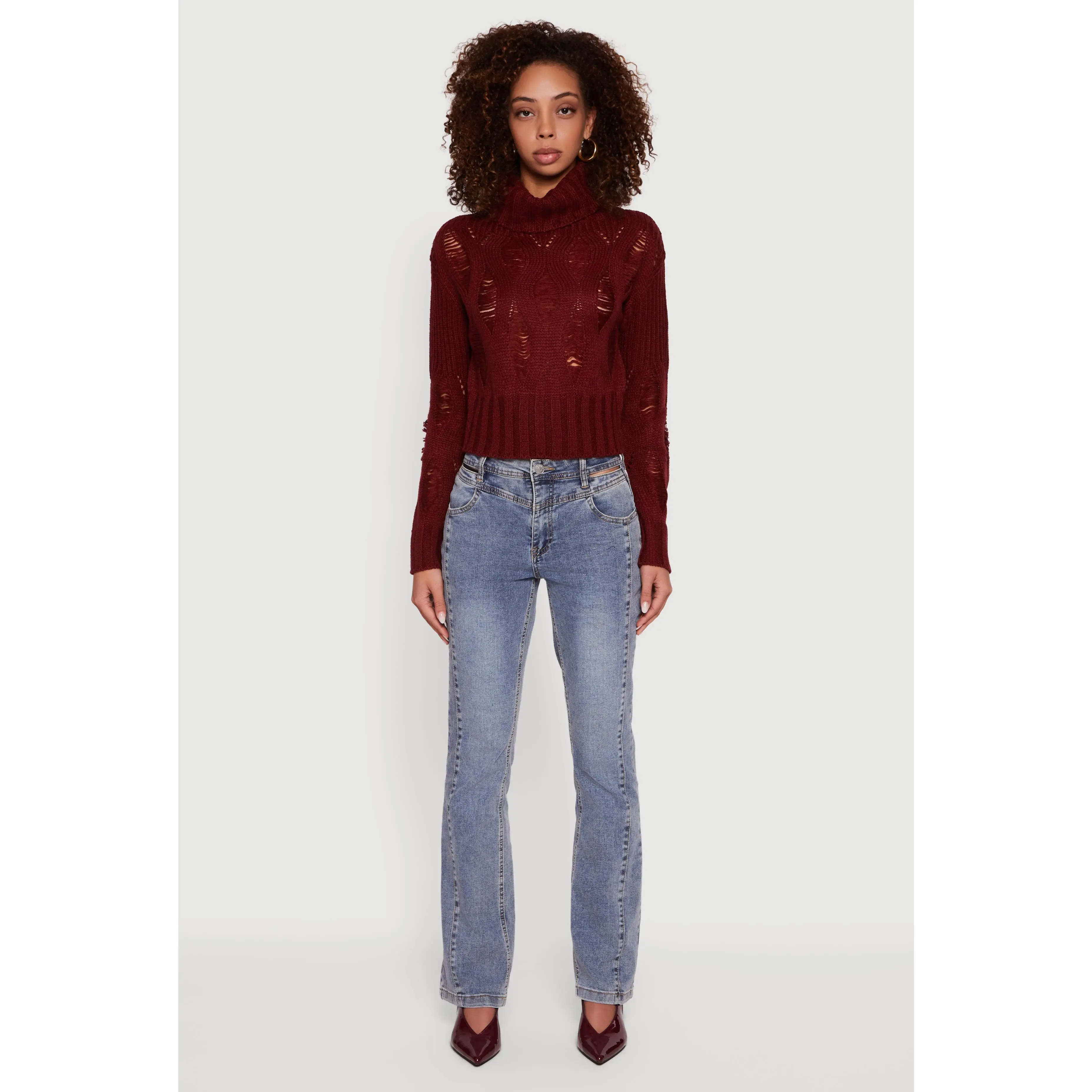 Long Sleeve Distressed Turtleneck Sweater