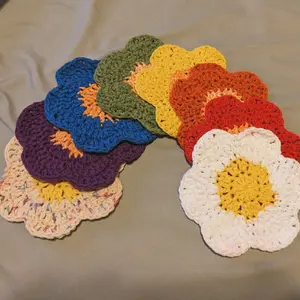 RowsnRose + Crochet + Rainbow Flower Coasters + Table Protector