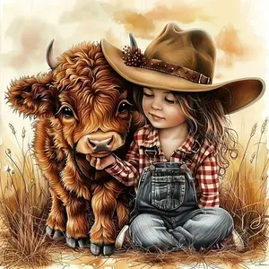 5D Diamond Painting Kit - Little Cowgirl with Highland Calf in Pasture, Full Round Drill Cute Farm Animal Mosaic Art, DIY Rhinestone Embroidery for Rustic Home Decor & Gift for Farm Lovers